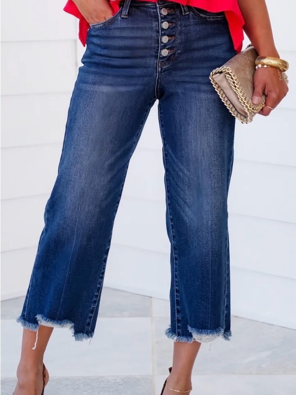 Judy Blue Dark Blue Button-Fly Cropped Wide-Leg Jeans